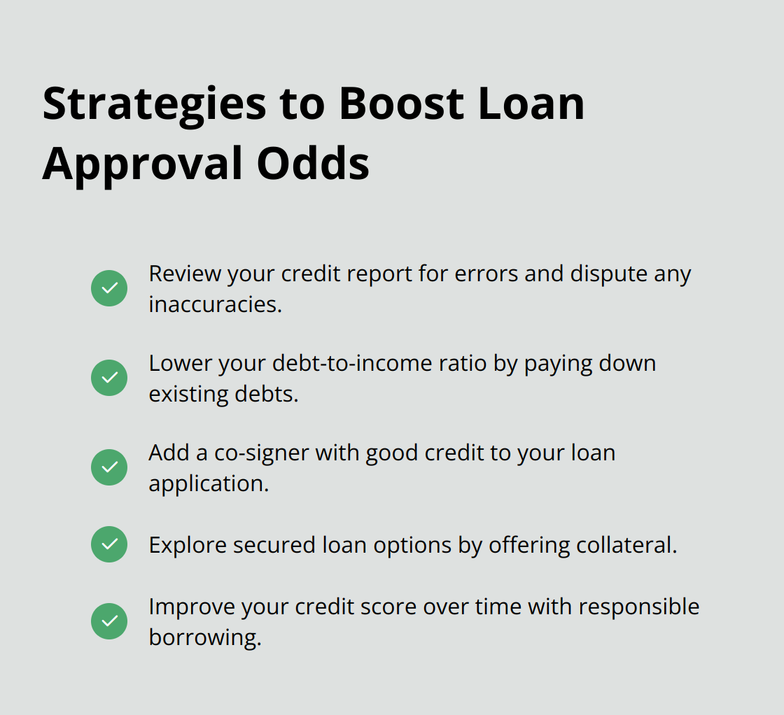 A checkmark list chart showing five strategies to improve chances of loan approval: Review credit report for errors, Lower debt-to-income ratio, Add a co-signer, Explore secured loan options, and Improve credit score over time. - 600 credit score personal loan