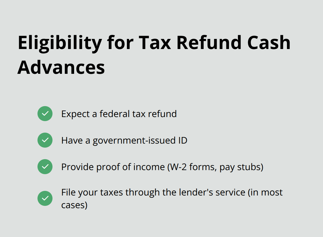 Checklist of eligibility requirements for tax refund cash advances: expected federal tax refund, government-issued ID, proof of income, and filing taxes through lender's service. - tax refund cash advance emergency loans 2025