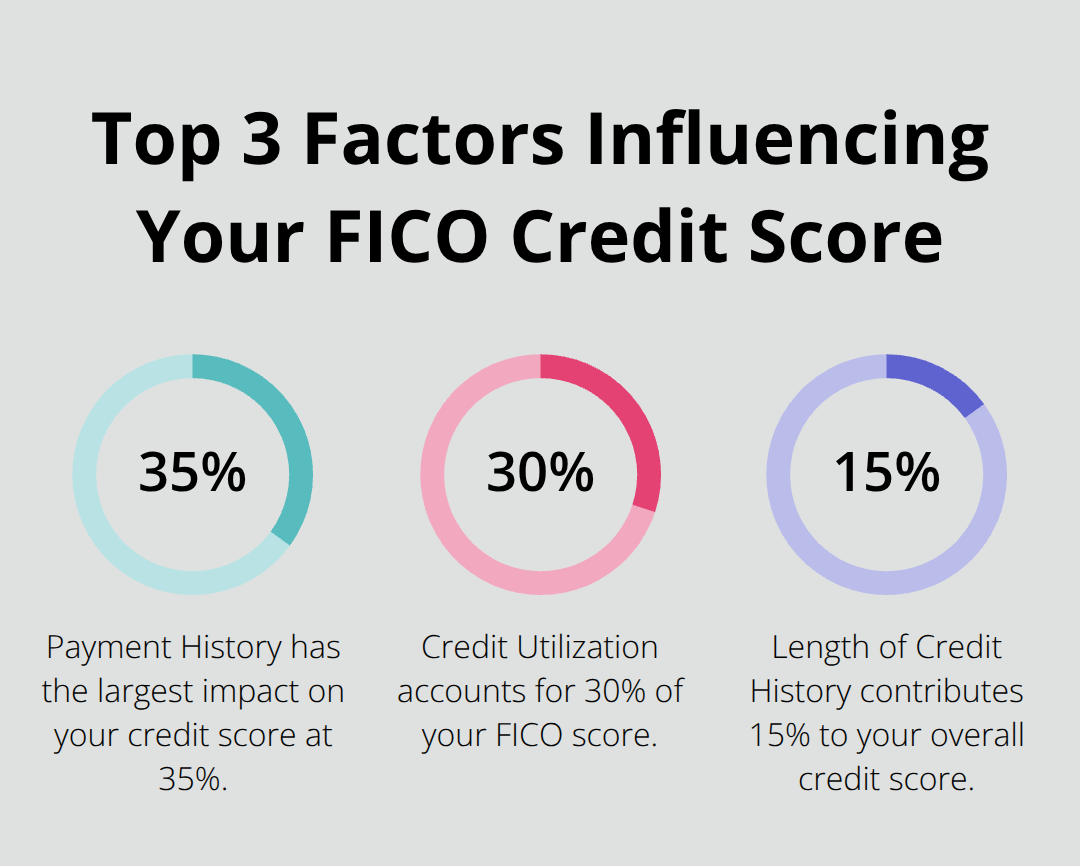 Pie chart showing the percentages of the top 3 factors affecting FICO credit score: Payment History 35%, Credit Utilization 30%, Length of Credit History 15%