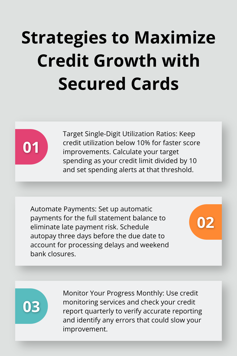 An ordered list chart highlighting three key strategies for maximizing credit growth with secured cards: maintaining low credit utilization, automating payments, and monitoring progress. - do secured credit cards build credit
