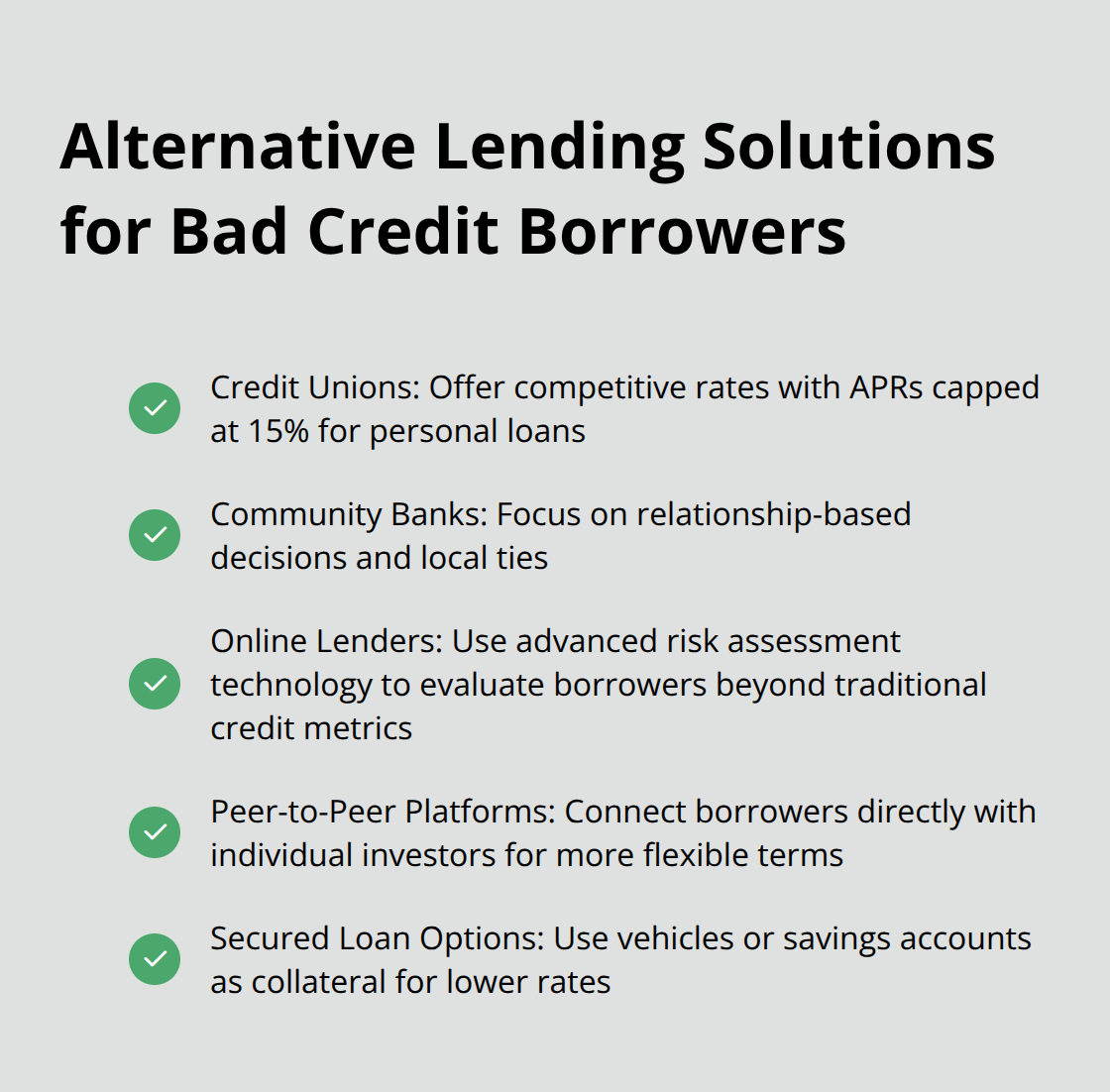 Checkmark list chart showing alternative lending solutions for bad credit borrowers in Canada - low rate personal loans bad credit