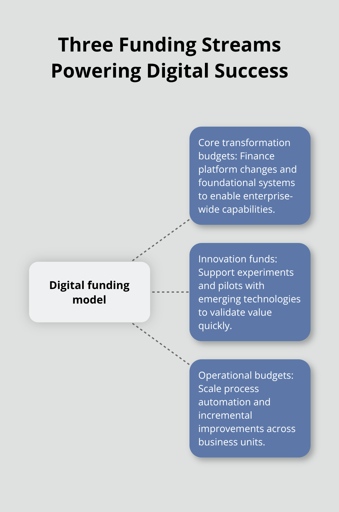 Hub-and-spoke chart showing core transformation budgets, innovation funds, and operational budgets as the three funding streams. - finance and digital transformation