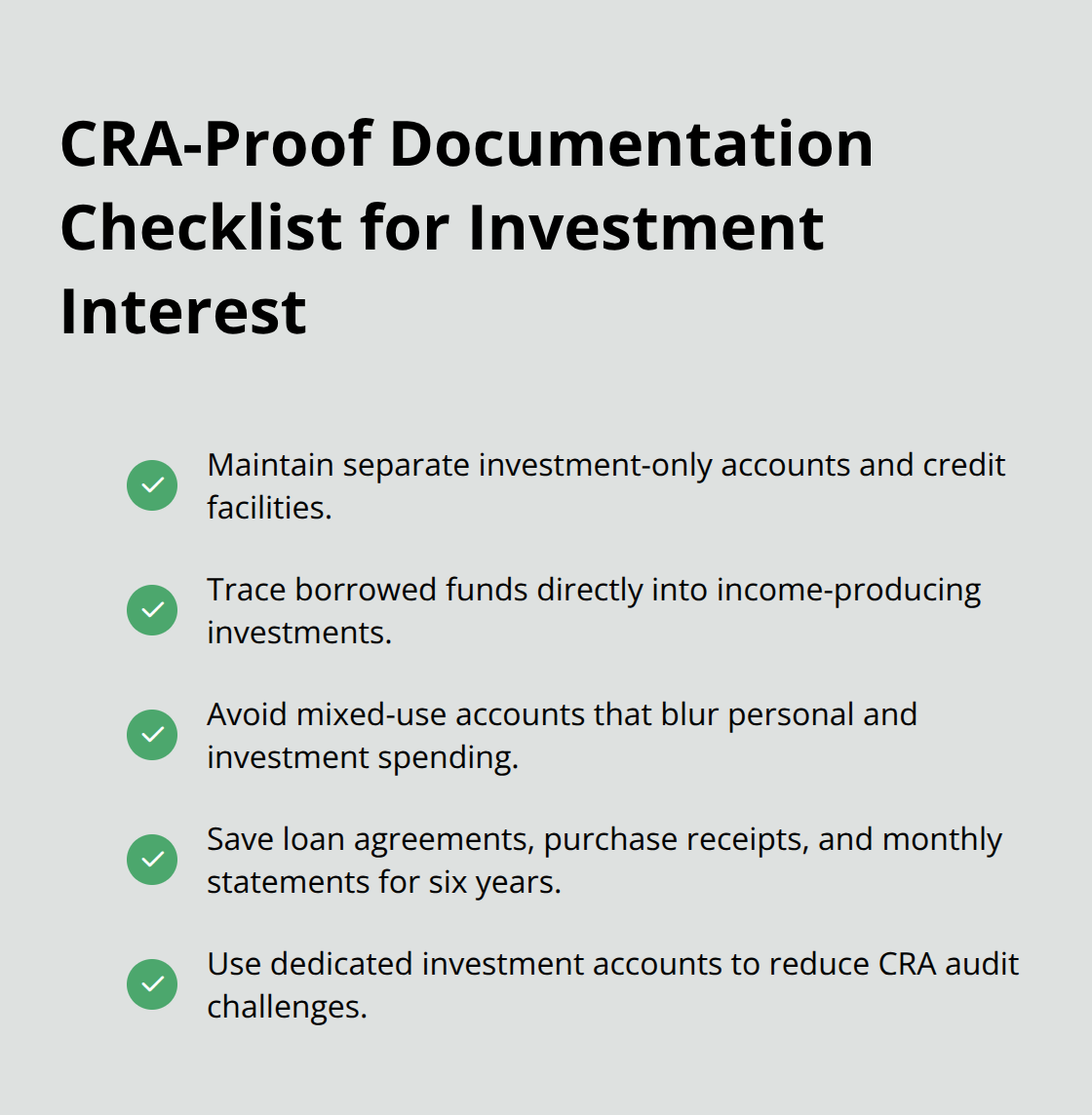Checklist of documentation practices to satisfy CRA requirements for investment interest deductions. - investment loan interest tax deduction canada