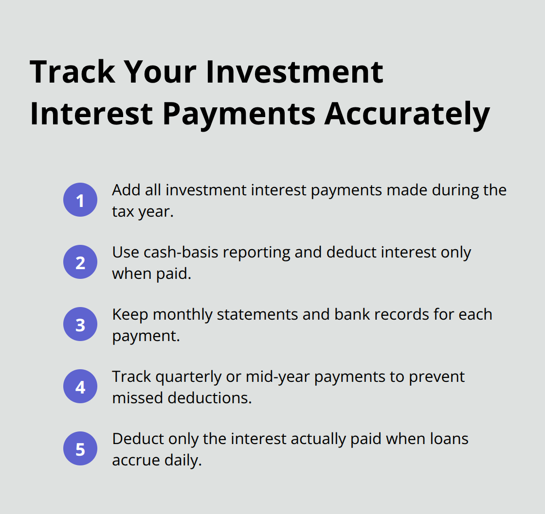 Compact list of steps to track and document investment interest payments for CRA reporting.