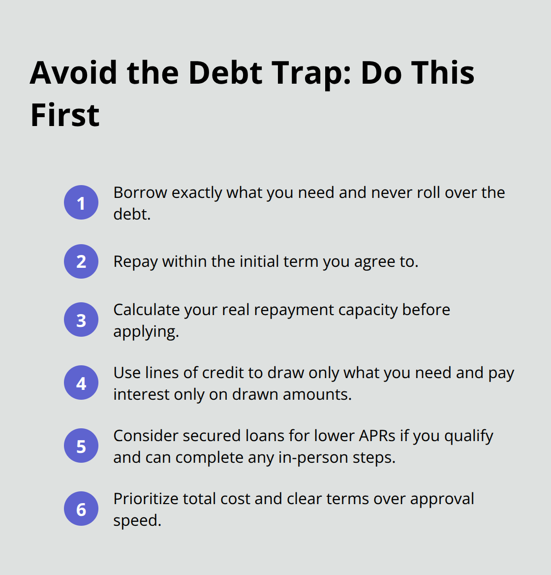 Compact list of steps to use high-cost loans strategically and avoid rollovers.