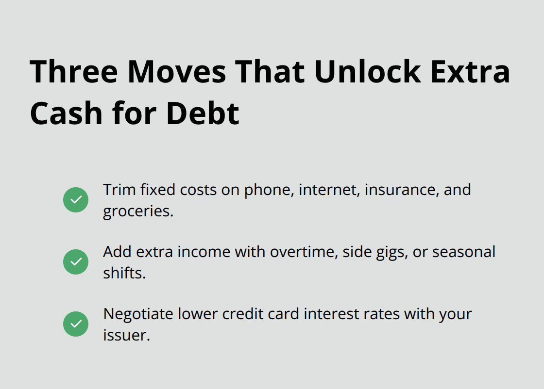 Checklist of three practical ways to free up monthly cash for debt payoff.