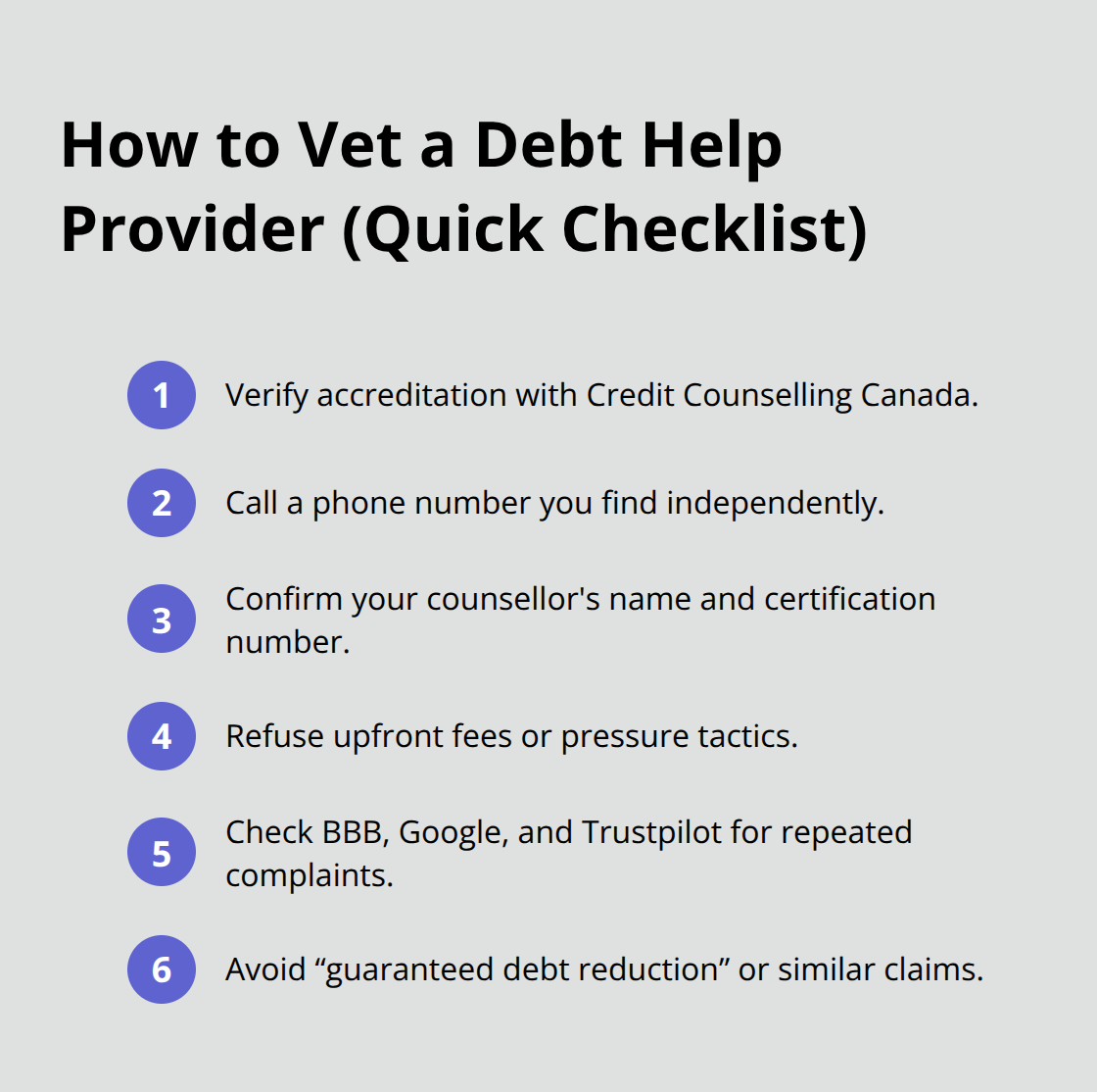 Compact checklist of steps to verify a legitimate debt help provider in Canada. - debt help services Canada