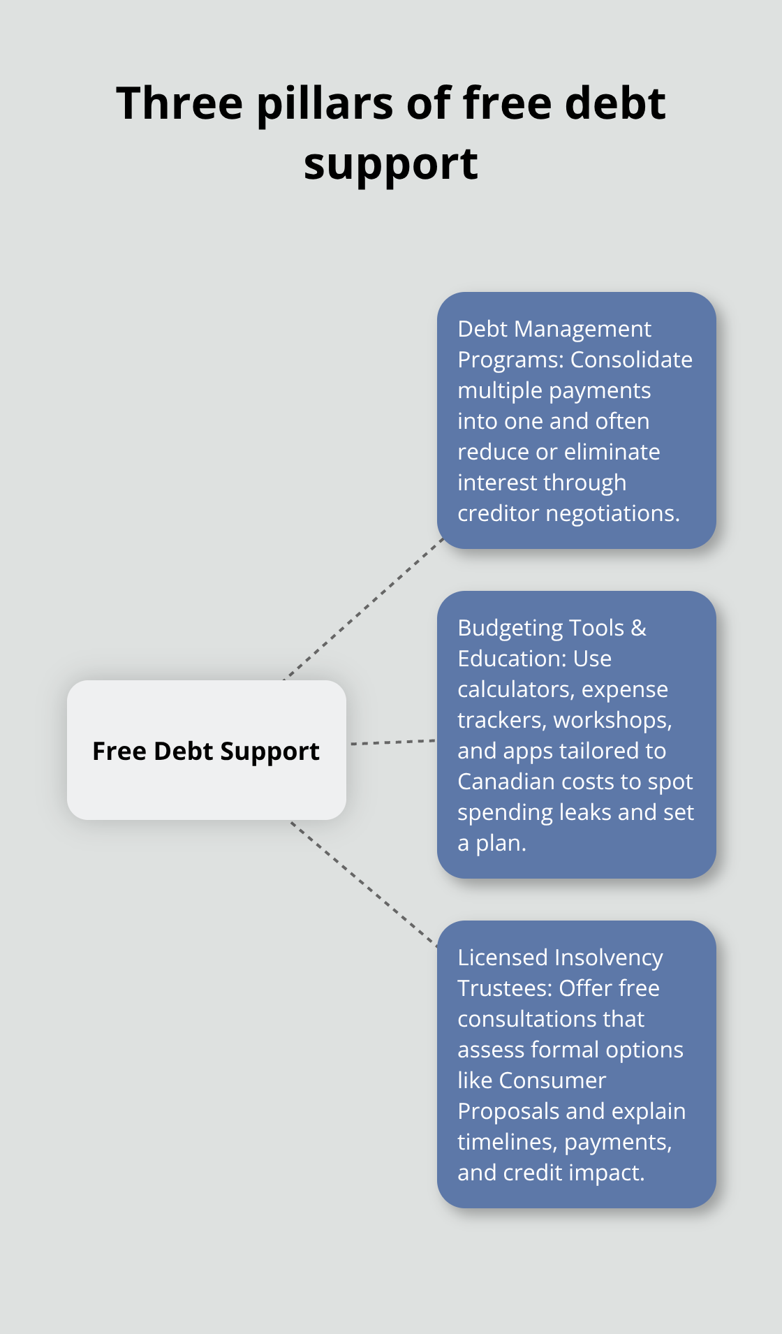 Hub-and-spoke showing Debt Management Programs, budgeting tools and education, and Licensed Insolvency Trustees