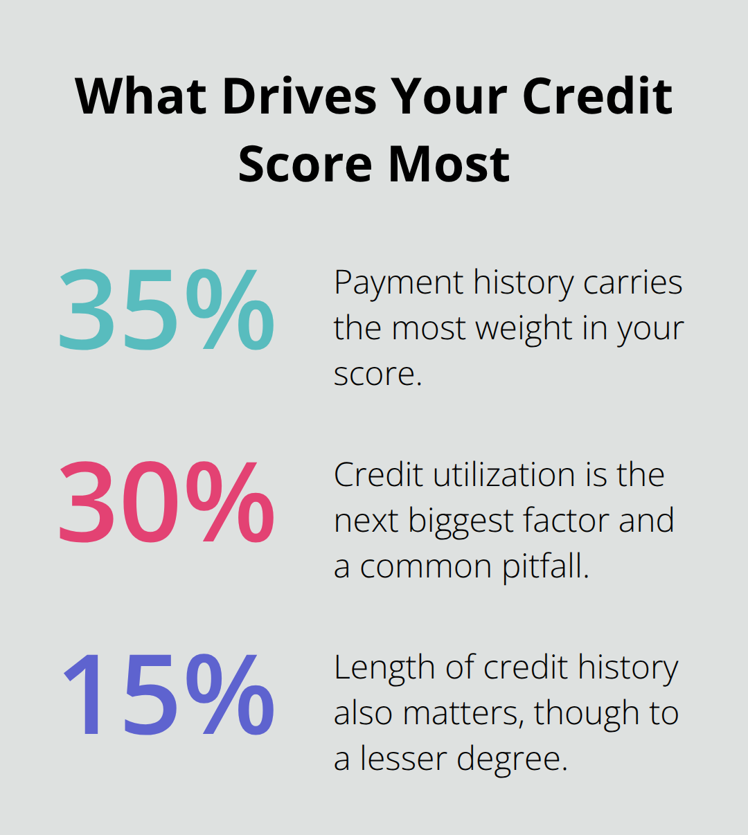 Chart showing the top three factors that determine your credit score and their weights - understanding credit scores Canada