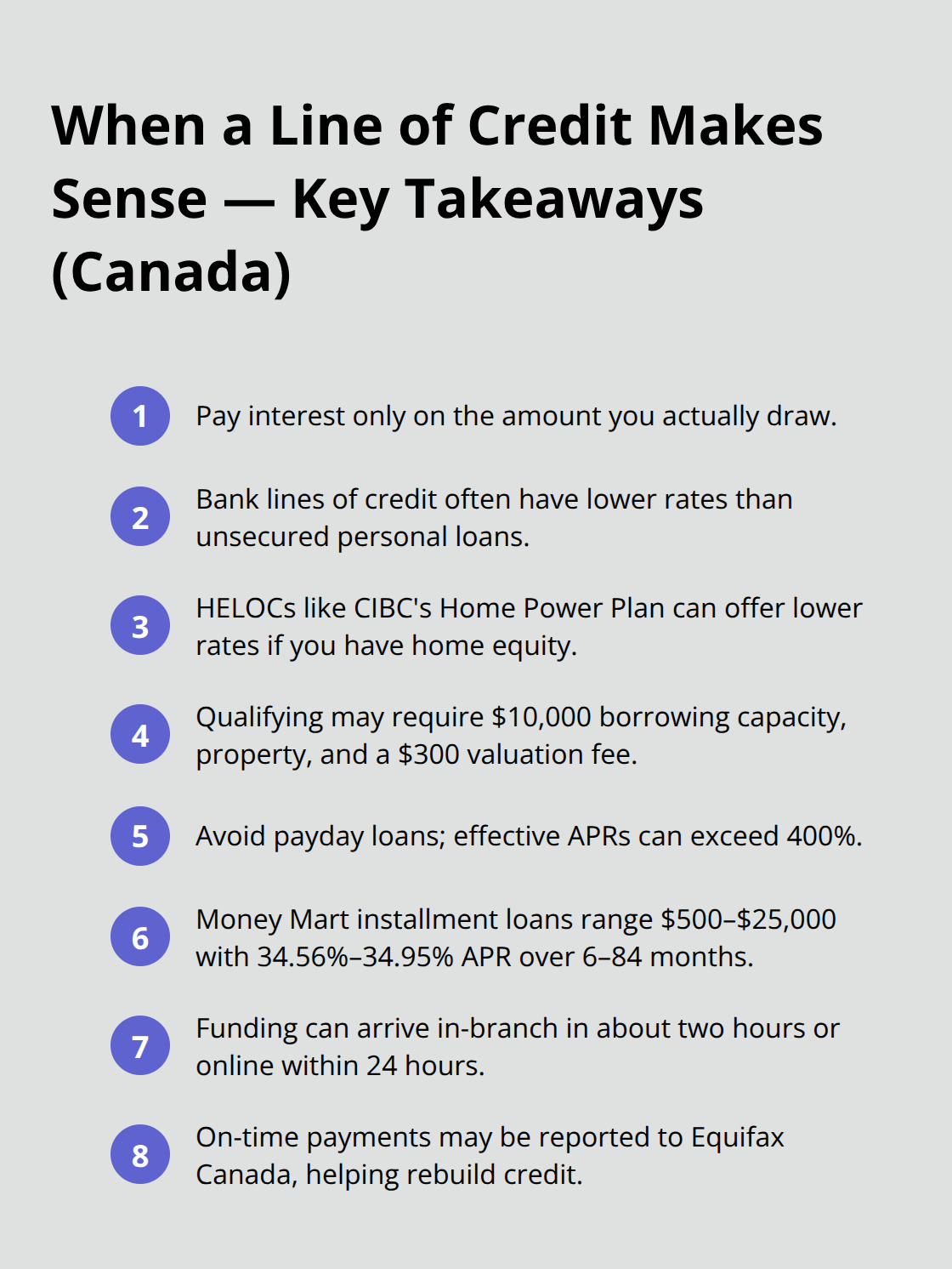 Concise list of key points comparing lines of credit to personal loans and safer alternatives in Canada. - Canada online loan options