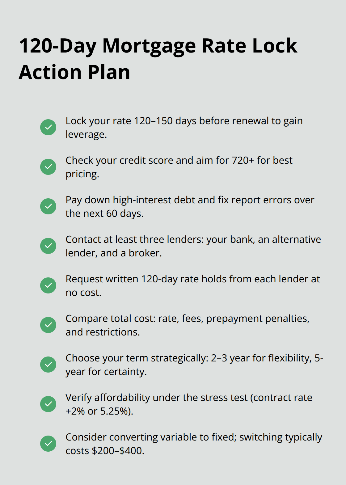 Checklist of actionable steps to lock and optimize your mortgage rate before renewal. - Mortgage rates Canada 2026