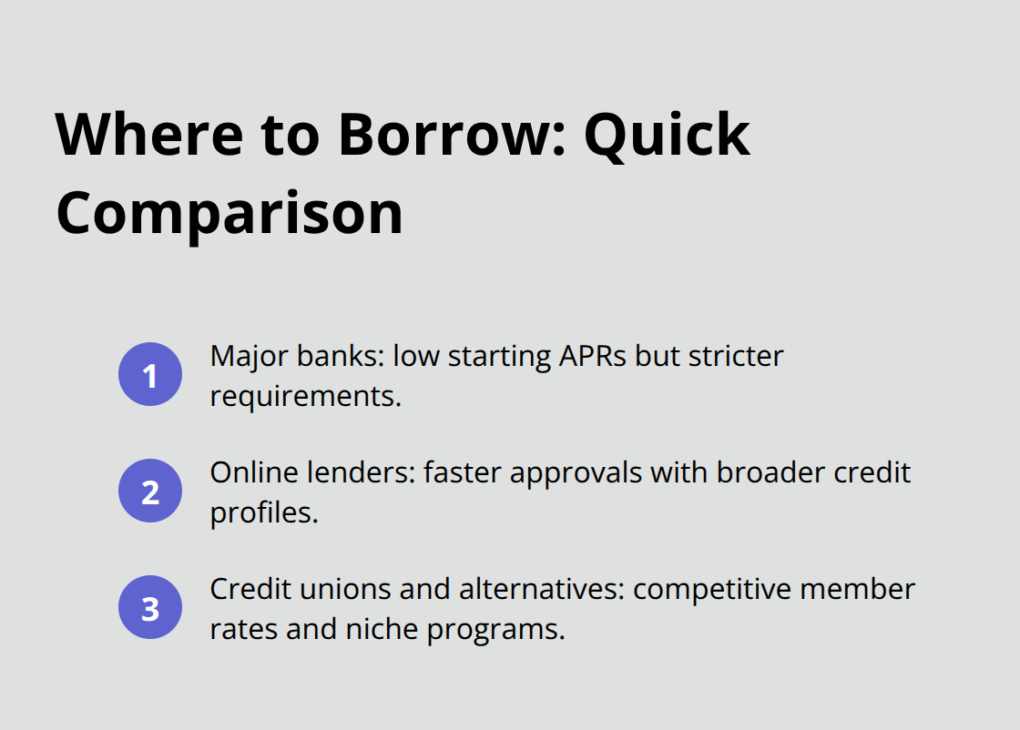 Compact comparison of major banks, online lenders, and credit unions or alternative lenders