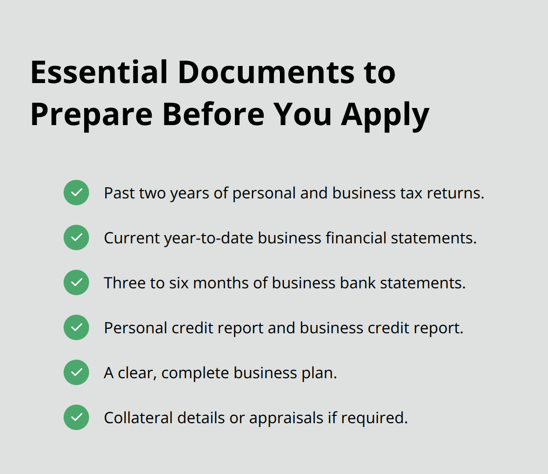 Checkmark list of the core documents lenders expect in small business loan applications.