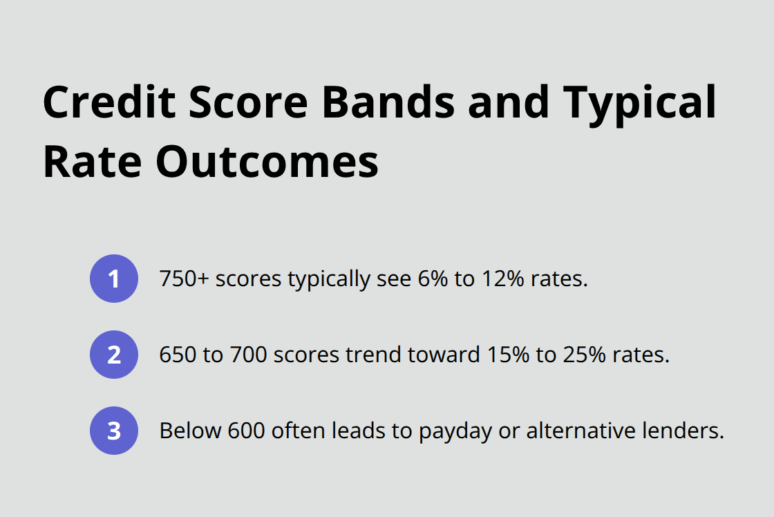 Compact list linking score ranges to likely interest rates or lender types. - Canada online loan options