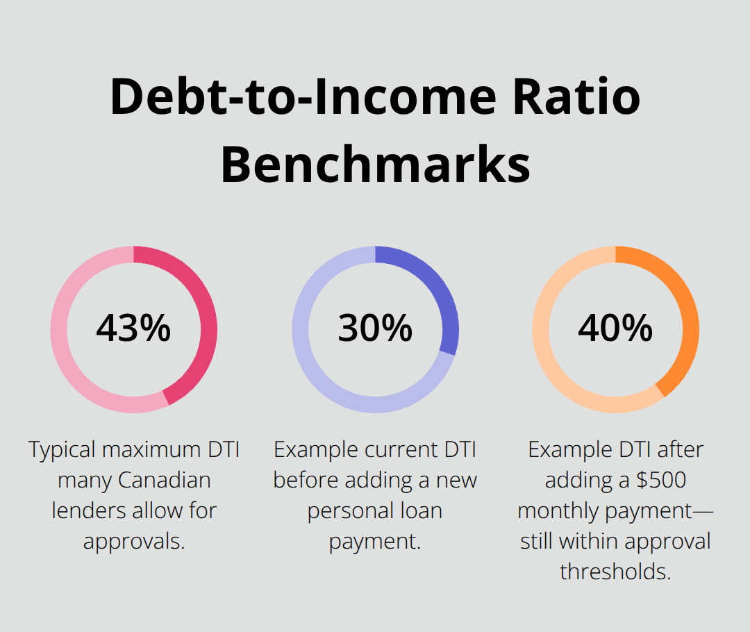 Percentage chart showing key DTI thresholds for Canadian personal loan approvals with examples. - best personal loans Canada